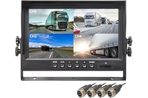 Yasoca 9" TFT LCD Car Rearview Quad Split Monitor,Remote Control, 4 Channels 4-PIN Connector Video Inputs Shockproof - 12V-24V 800480HD Screen w/Sunshade Anti-Glare