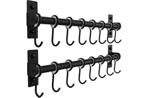 Dseap Pot Rack - Pots and Pans Hanging Rack Rail with 8 Hooks, Pot Hangers for Kitchen, Wall Mounted, Black, 2 Packs
