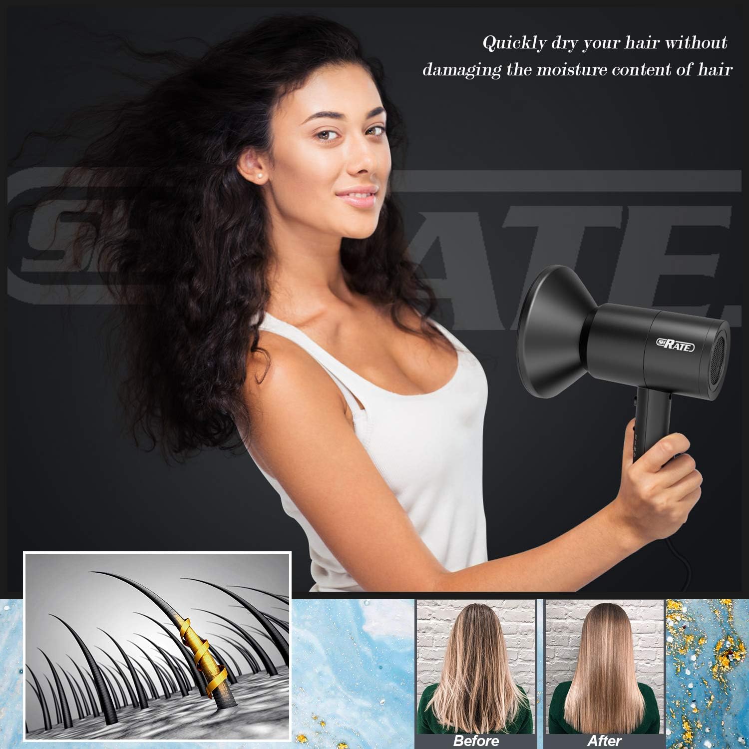 SHRATE Ionic Hair Dryer, Professional Salon Negative Ions Hair Blow Dryer Powerful 1800W for Fast Drying with 3 Heating / 2 Speed/Cool Button, Constant Temperature Hair Care Without Damaging Hair: Health & Personal Care