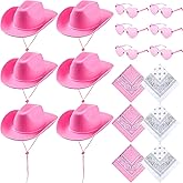 Coume 18 Pcs Cowboy Hat with Heart Sunglasses and Paisley Bandanas Western Cowgirl Hat for Cosplay Costume Adults(Pink, White,Simple Style)