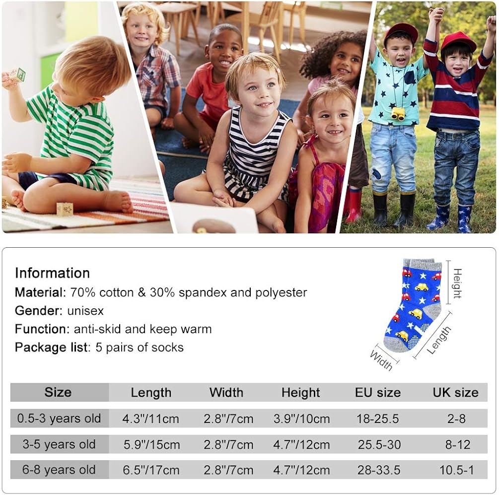 Boys Crew Socks Non Slip Ankle Socks Athletic Socks with Cartoon Car Pattern 5 Pair: Clothing