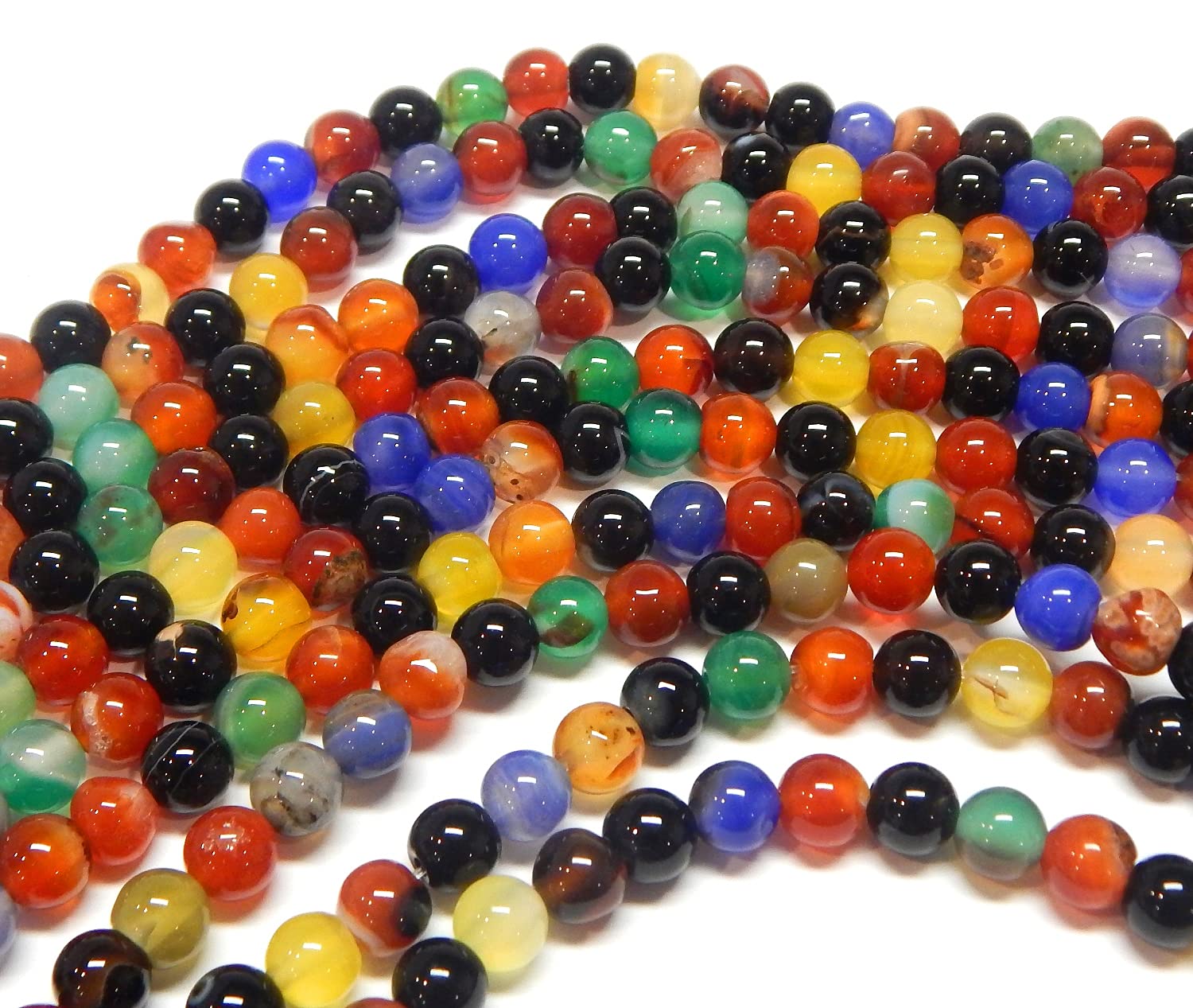 Gemstone strand, 8 mm, 6 mm, 4 mm, mixed colour agate stone beads, round natural stone set with hole for threading (6 mm - 60 pieces)