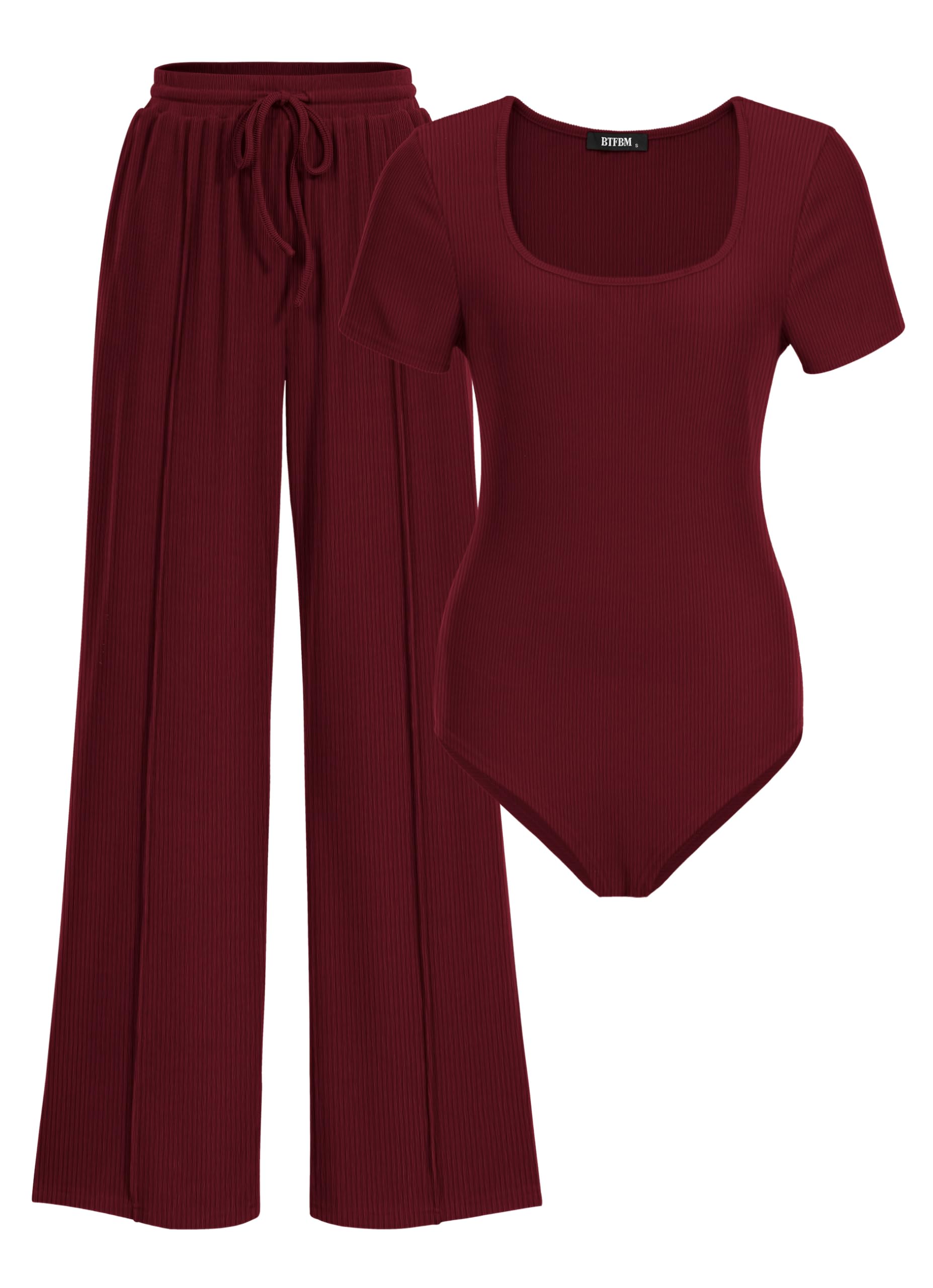 BTFBM Womens Spring 2 Piece Outfits 2026 Square Neck Short Sleeve Bodysuit Drawstring Pants Knit Lounge Matching Sets(Wine Red, Small)