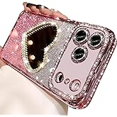 Changjia Glitter Mirror Case for iPhone 17 Pro,Cute Luxury Diamond Heart Makeup Mirror Bling Sparkly Rhinestones with Camera Lens Protector Plating Bumper Women Girls Case for iPhone 17 Pro 6.3", Pink