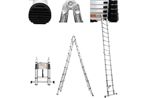 ANSIMIDA A-Frame Telescoping Ladder 16.5 Feet Aluminium Folding Extension Ladder, 5m Collapsible Ladder 330 LBS Capacity w/Stabilizer Bar & Locking Mechanism, for Home Office Loft Use