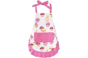 Claswcalor 100% Cotton Kids Girls Aprons for Cooking Cute Toddler Cupcake Baking Apron Adjustable Kitchen Pink Apron for Children Daughters Little Girls Granddaughter Gifts from Grandma