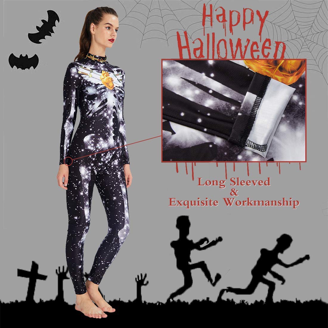 RAISEVERN Tuta da Notte Bianca con Stampa di Stelle Bianche Costume da Costume di Halloween Tuta per Donna Catsuit Manica Lunga Night Club Party