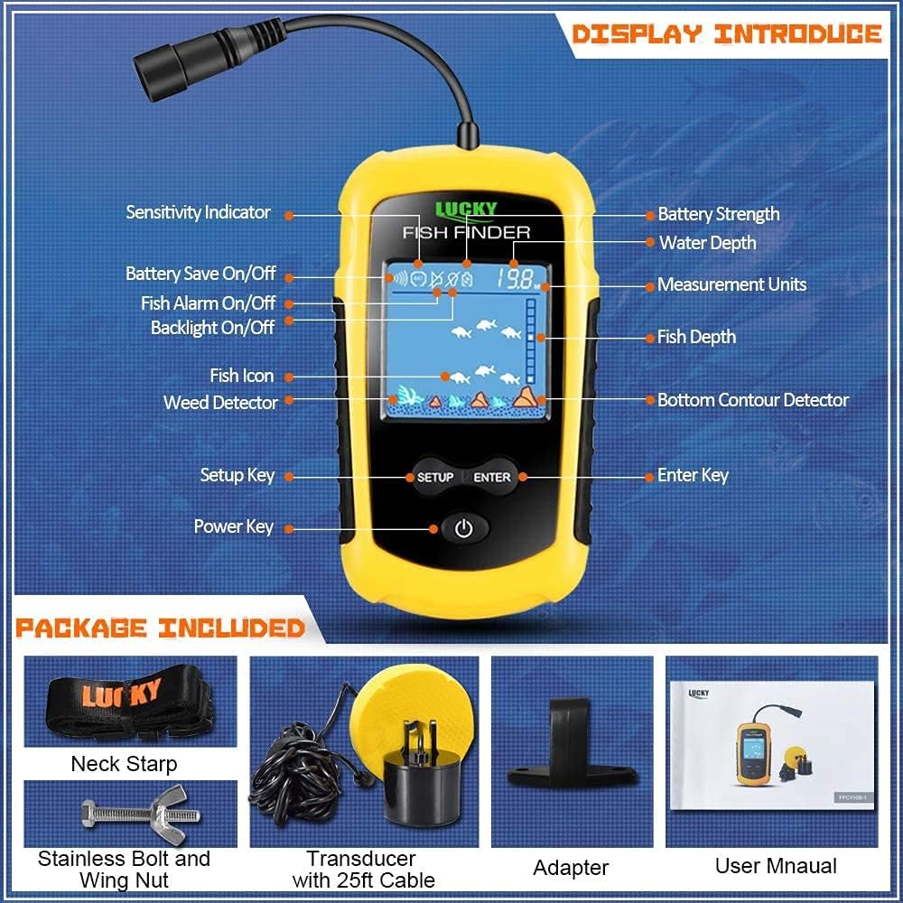 LUCKY Kayak Portable Fish Depth Finder Water Handheld Fish Finder Sonar Castable Kayak Boat Fishfinder Transducer Fishing LCD Display FFC1108: GPS & Navigation