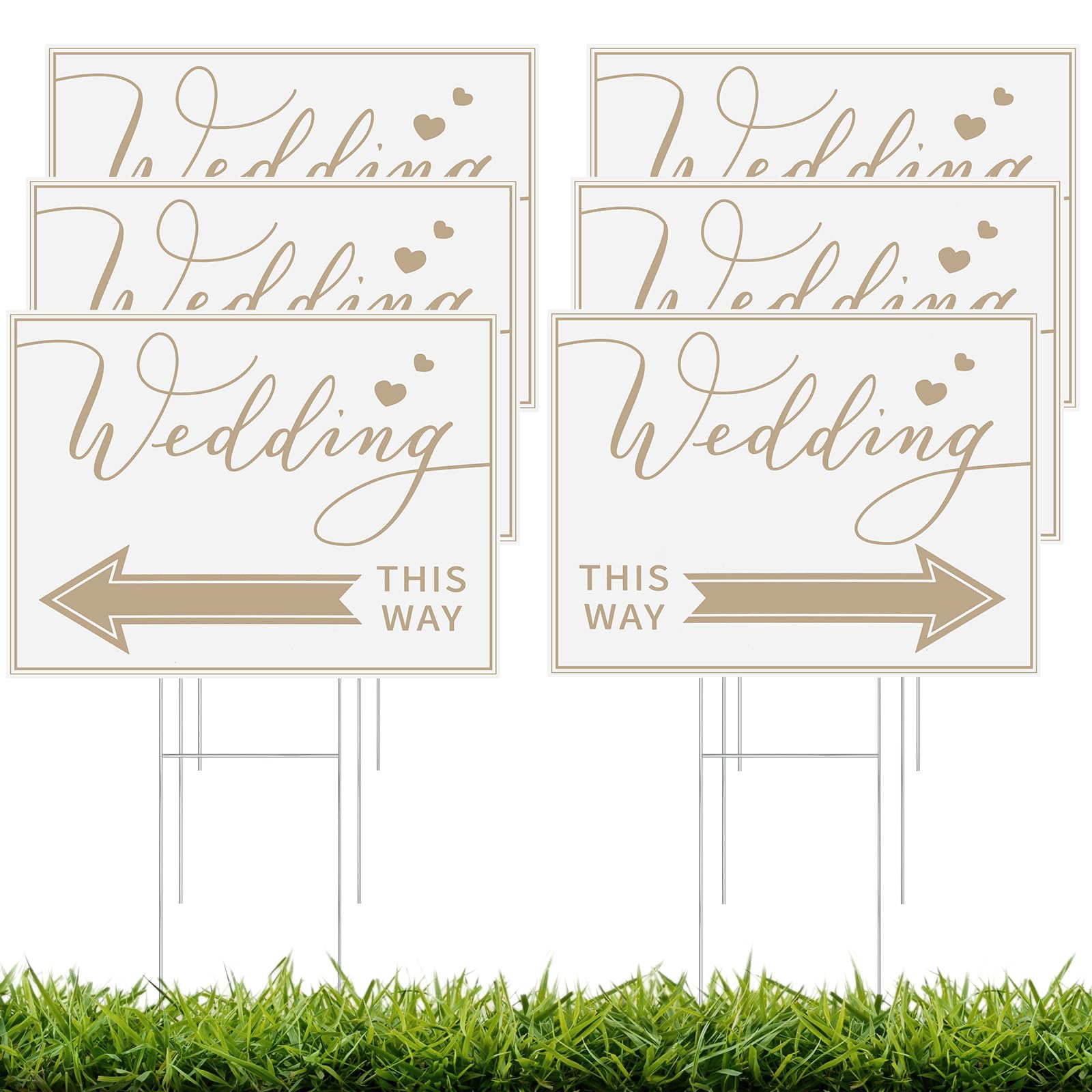 Photo 1 of FoldTier 6 Packs Wedding Direction Arrow Signs with H Stakes Wedding This Way Plastic Lawn Yard Sign 16 x 12 Inch Outdoor Waterproof Directional Wedding Signs for Decorations Supplies (Gold)