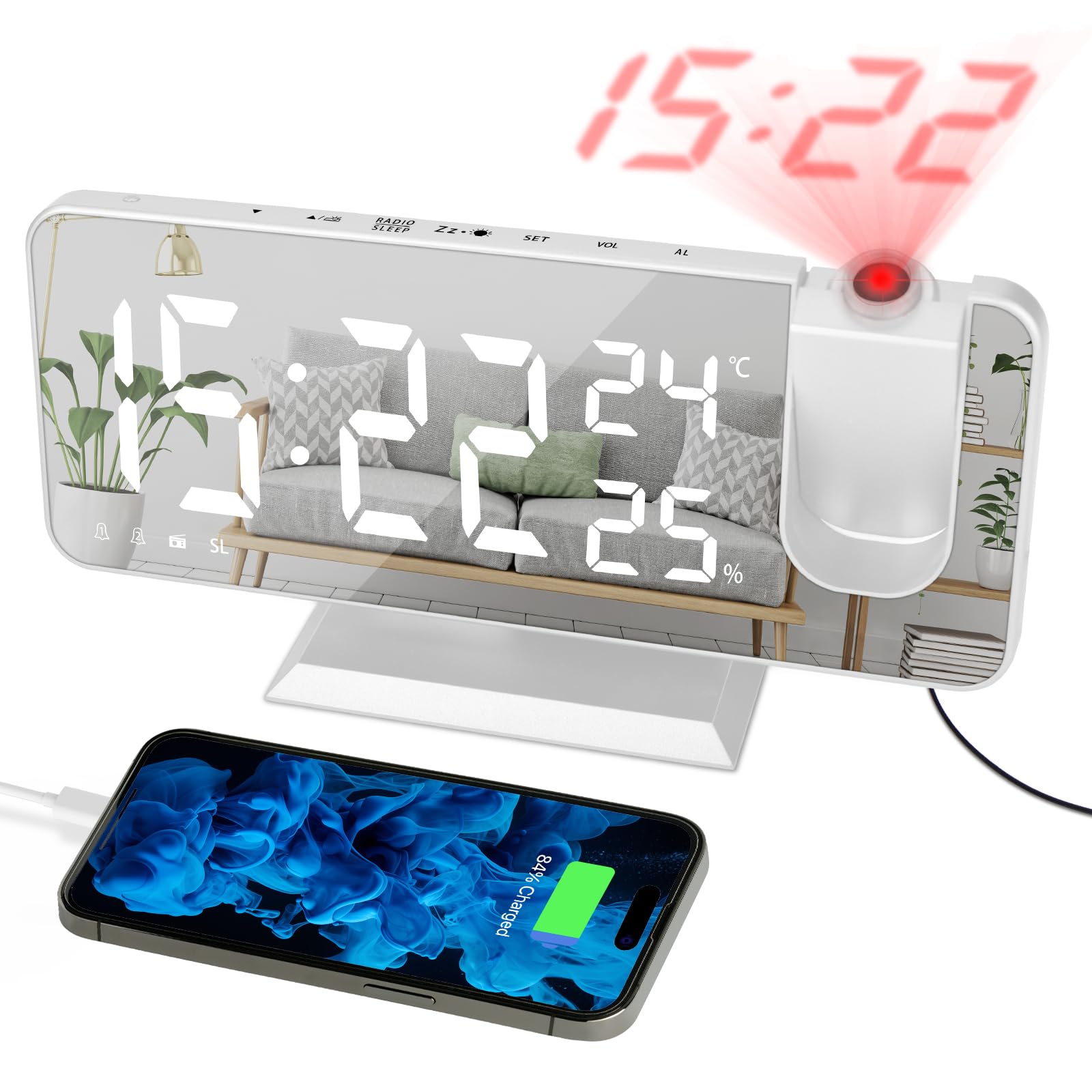 EVILTO Projection Alarm Clock With Dual Alarm7.3'' Large Mirror Radio Digital Clock 180°Projector on Ceiling 4 Dimmer Adjustable Volume Electronic Clock for Bedroom -White