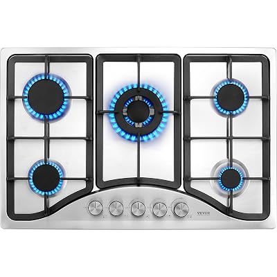 VEVOR 30-inch Gas Cooktop, 5 Burners Built-in Gas Stove Top, Max 12250BTU NG/LPG Convertible Stainless Steel Cooktops, with Thermocouple Protection for Camping, RV, Apartment
