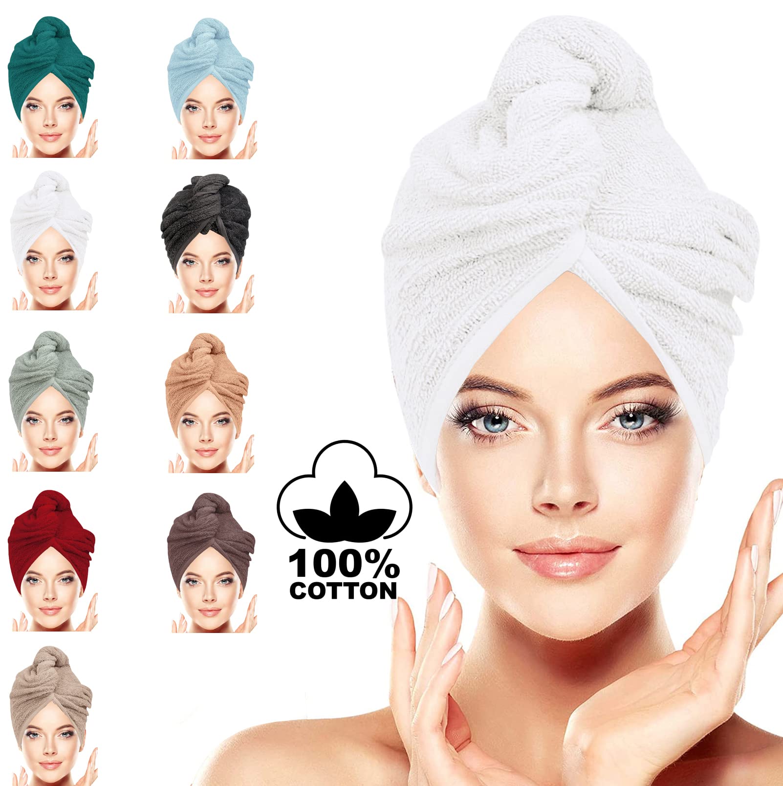BAVIN LUXURY Hair Towel Wrap 100% Cotton, Instant Drying Lightweight Turban Cap Super Quick Absorbent Anti-Frizz Twist Toweling Dry Hat with Button Loop for Long Curly Hairs, 62CM x 23CM White Sinlge