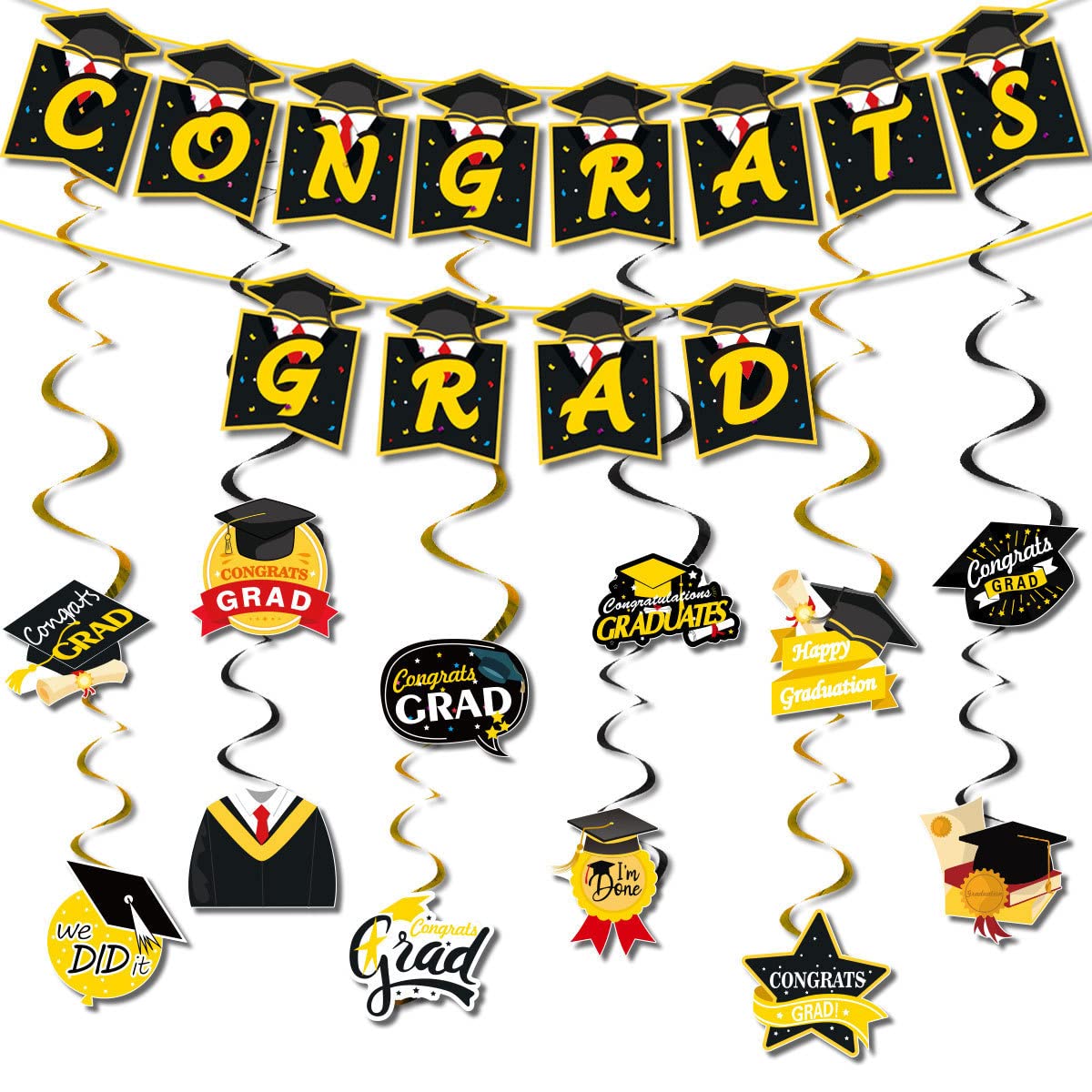 Congrats Grad Banner Sign- Congratulations Graduate Celebration Graduation Caps Banner and Hanging Swirl for Graduation Decorations, Congrats Grad Party Favors, Class of 2024 Graduation