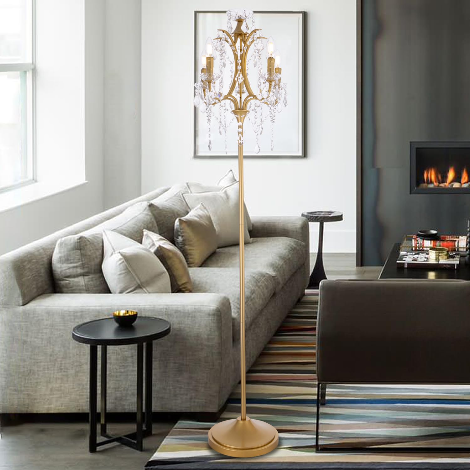Photo 1 of TOCHIC 5-Light Farmhouse Tranditional Crystal Floor Lamp, Gold Craft Candelabra Lighting Fixture 65'' Tall for Living Room, Dining Room, Entryway, Bedroom
