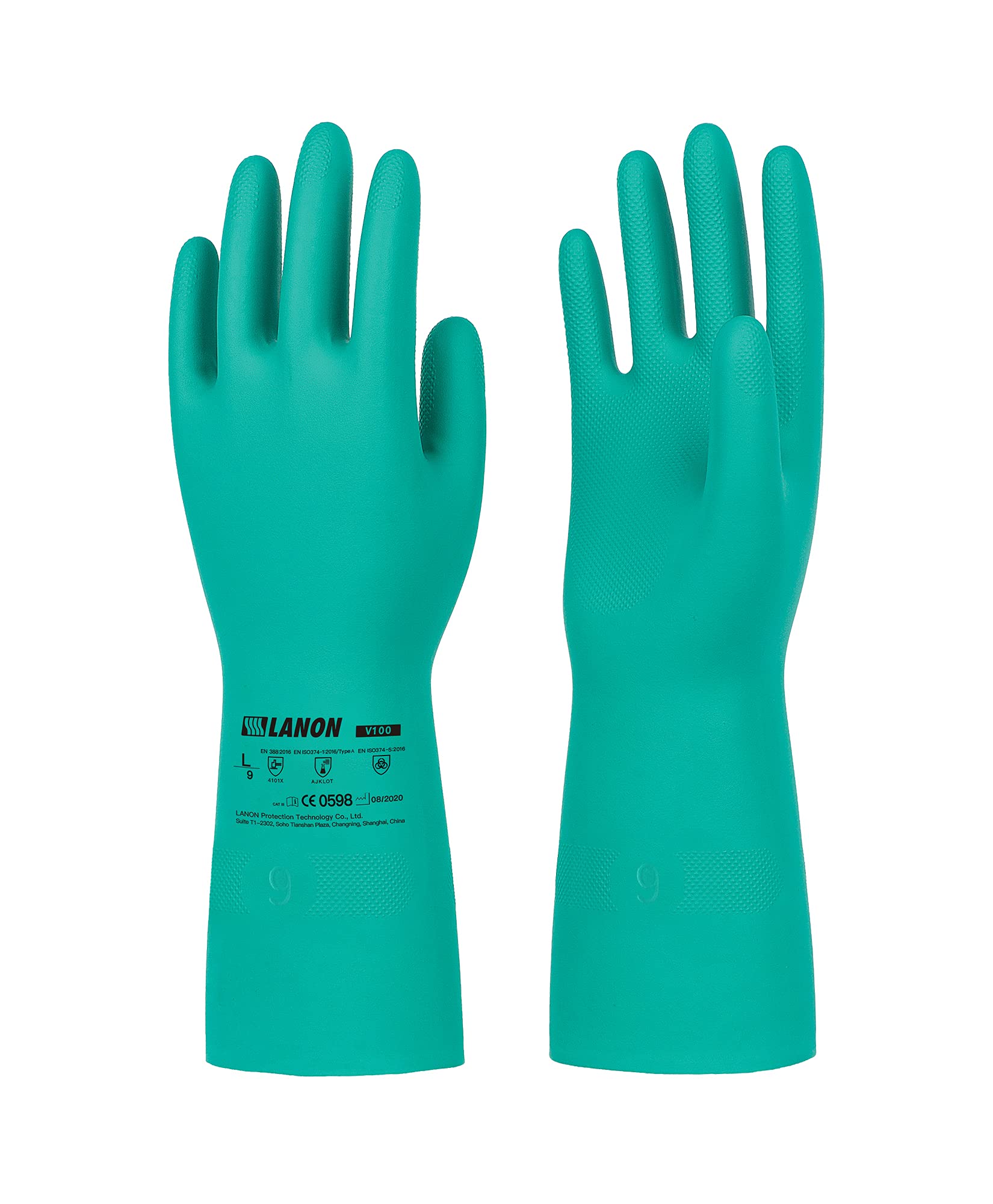 LANON 3 Pairs Nitrile Chemical Resistant Gloves, Reusable Heavy-Duty Work Gloves, Acid, Alkali and Oil Protection, EN 374, Non-Slip, Large