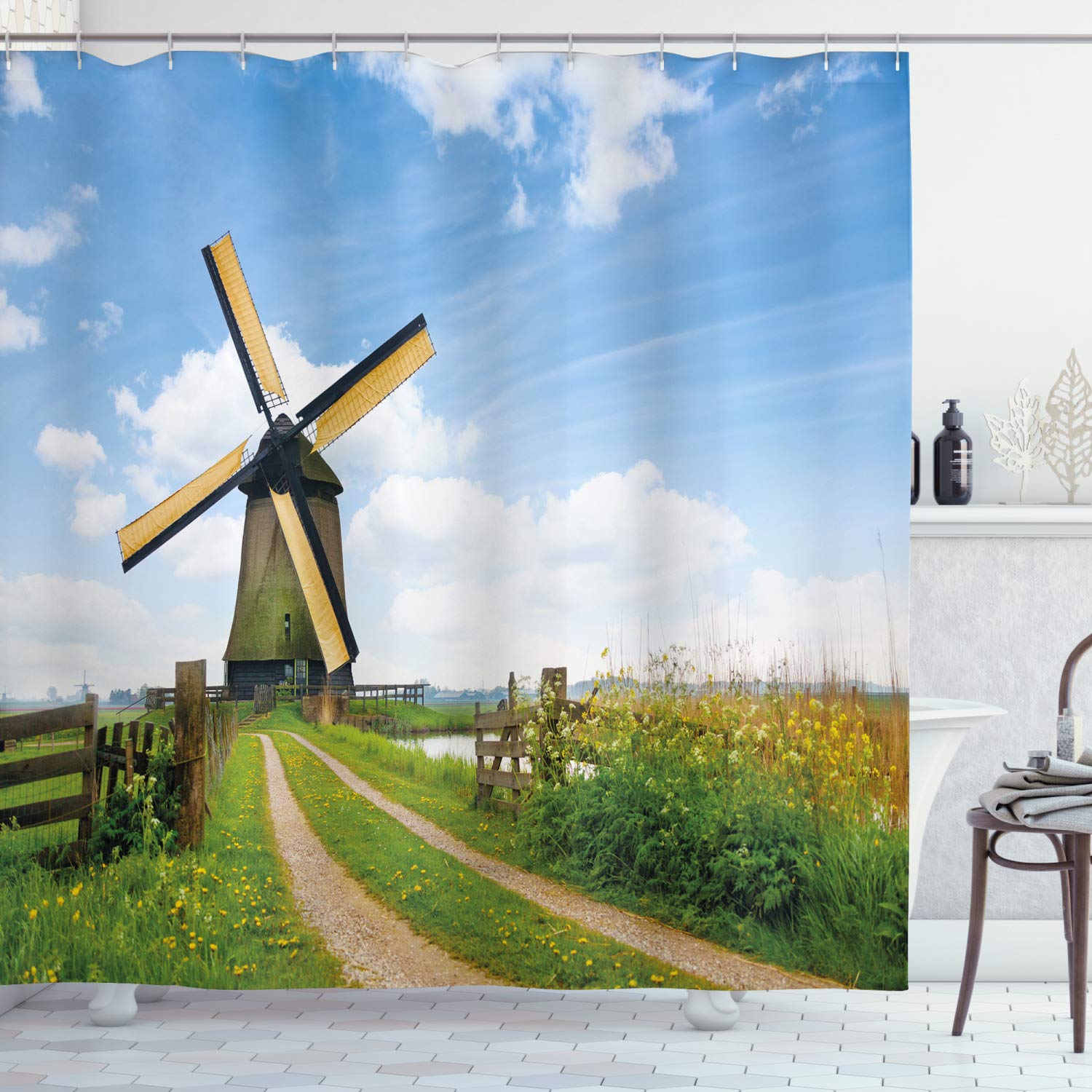 ABAKUHAUS Windmill Shower Curtain, Blooming Spring Field in Holland Old Traditional Architecture, Cloth Fabric Bathroom Decor Set with Hooks, 78 Inches, Pale Blue Apricot