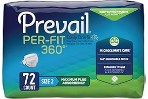 Prevail Per-Fit 360 Daily Incontinence Briefs, Unisex Adult Incontinence Briefs with Tabs, Maximum Plus Absorbency, Size 2, 72 Count (4 Packs of 18)