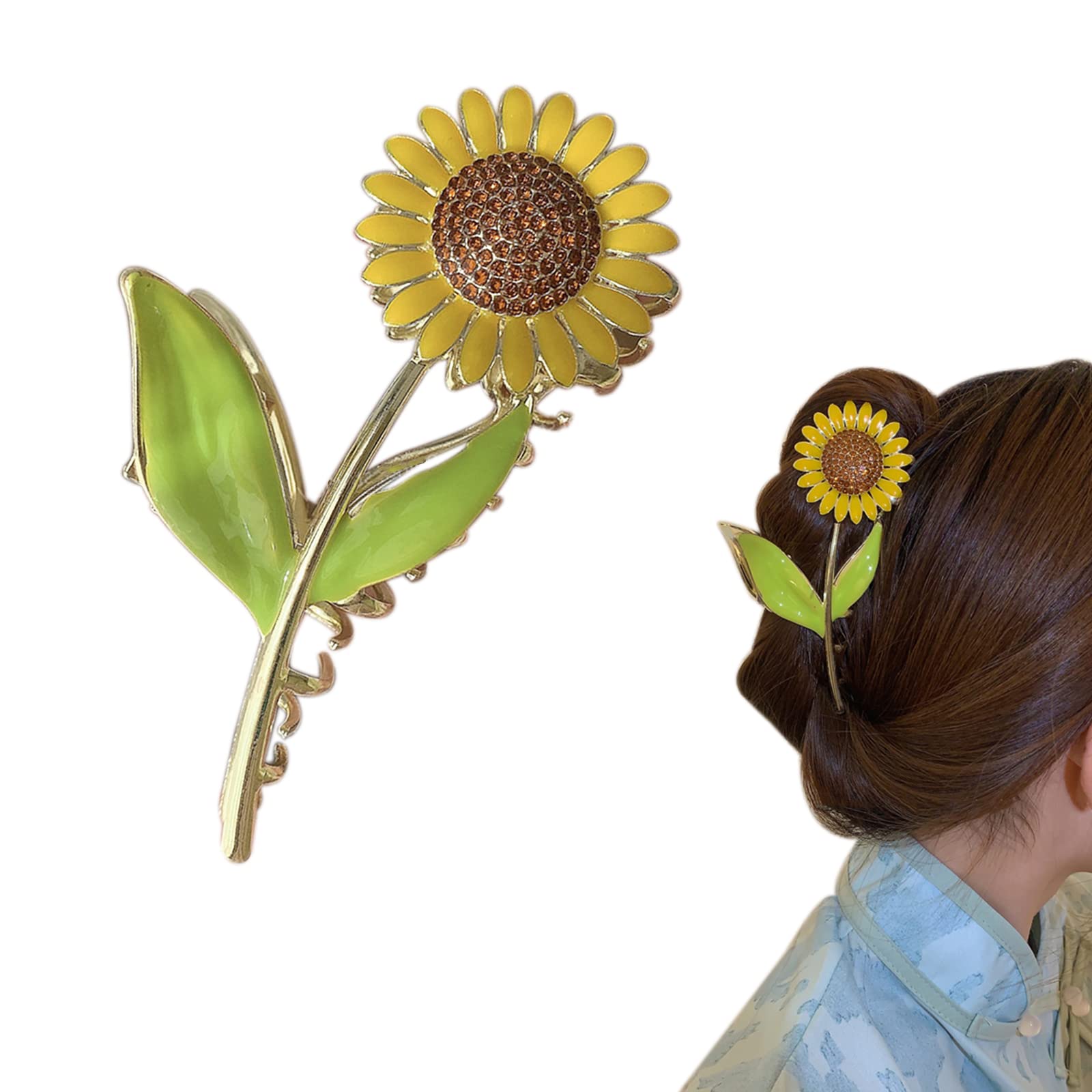 Large Metal Flower Claw Clip With Rhinestones - Sunflower Hair Clip for Women - Strong Hold Nonslip for Thick, Curly, Straight, Long Hair