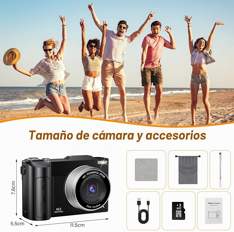 Câmara Fotográfica 4K 48MP Câmara Digital Compacta com Zoom 16X 2,8" Câmara Portátil Compacta LCD com Cartão 32GB para Crianças Iniciantes Adultos (Preto) — foto 2 de 7