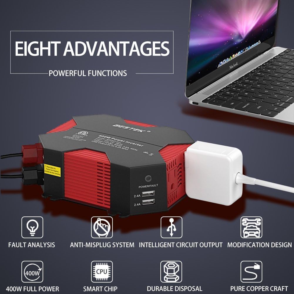 BESTEK 400W 400Watt 400W/500W DC 12V 110V Inverter with 4 USB Charging Ports, Power Converter with 2 AC Outlets Battery Clip Charger, Car Adapter (Upgrade Version): Automotive