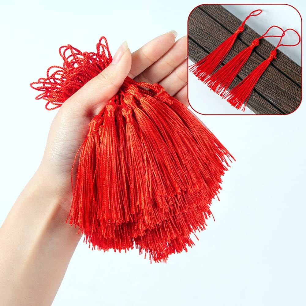 Duories Pack of 50 Handmade Silky Mini Tassels, Colourful Tassels Bookmarks, Straight Tassels Pendant with Rope Loop for Jewellery Making, DIY Craft Accessories, Bags, Bookmarks, Souvenirs, Red