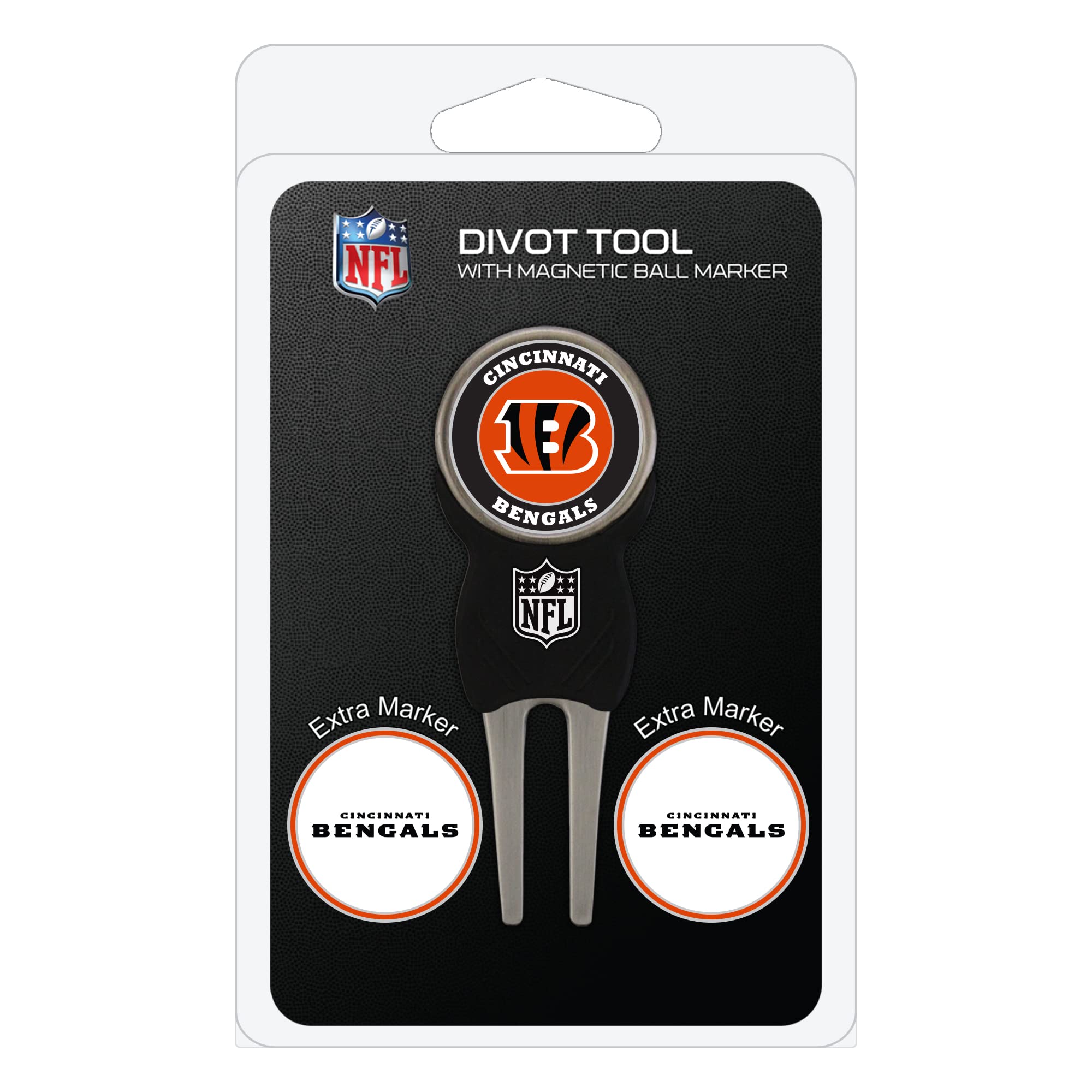 Team Golf NFL Cincinnati Bengals Divot Tool Pack With 3 Golf Ball Markers Divot Tool with 3 Golf Ball Markers Pack, Markers are Removable Magnetic Double-Sided Enamel