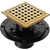 Shower Drain, Brushed Gold 4 inch Shower Floor Square Drain with Flange, Removeable Grid Panel SUS 304 Stainless Steel Square