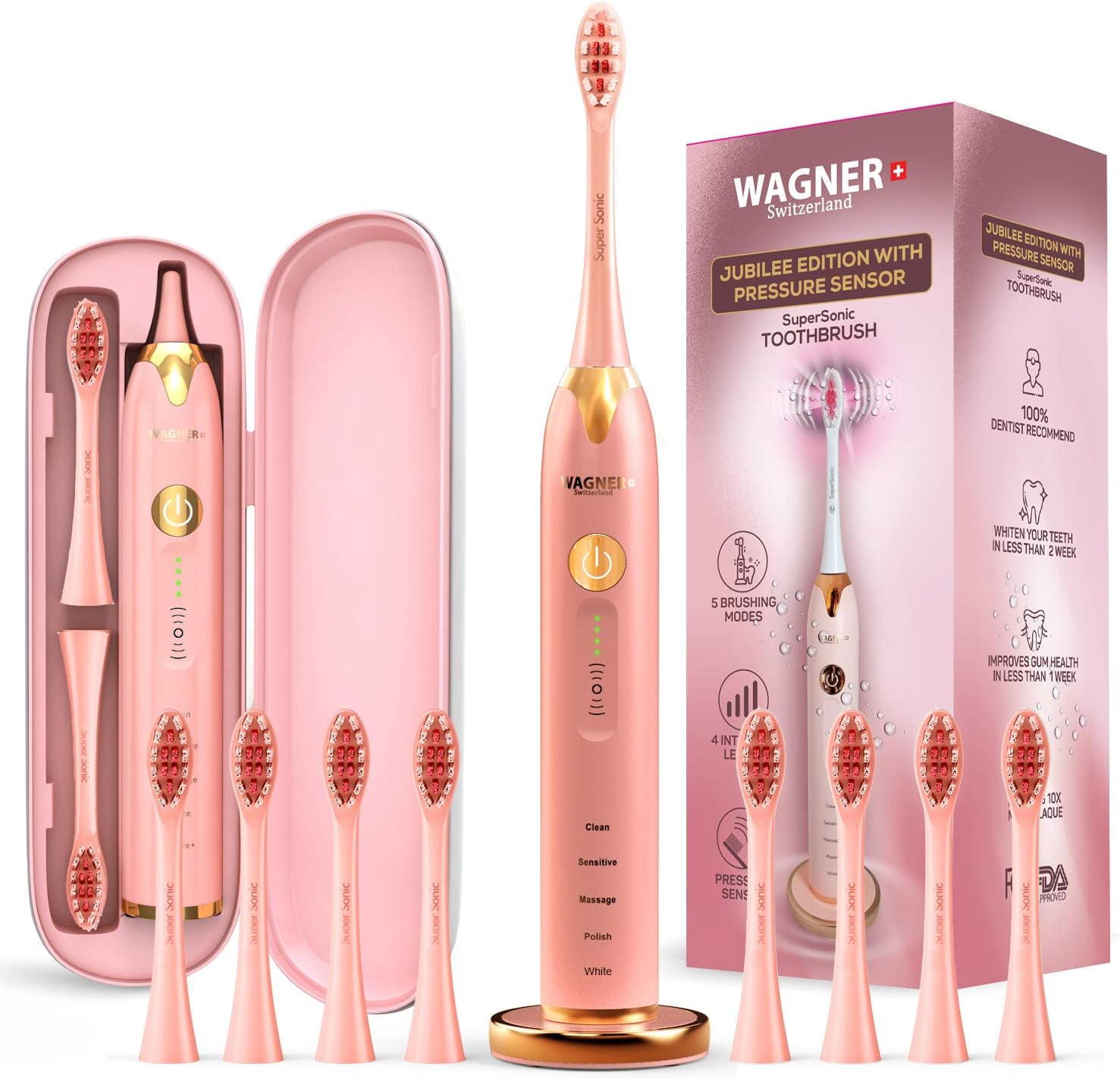 Wagner & Stern Ultrasonic whitening Toothbrush with Pressure Sensor. 5 Brushing Modes and 4 Levels of Intensity, 8 Soft Brush Heads, Premium Travel case.