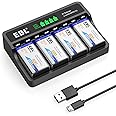 EBL 9V Li-ion Rechargeable Batteries 600mAh 4-Pack with LCD 9V Smart Battery Charger for 9 Volt Lithium-ion/Ni-MH/Ni-CD Rechargeable Batteries