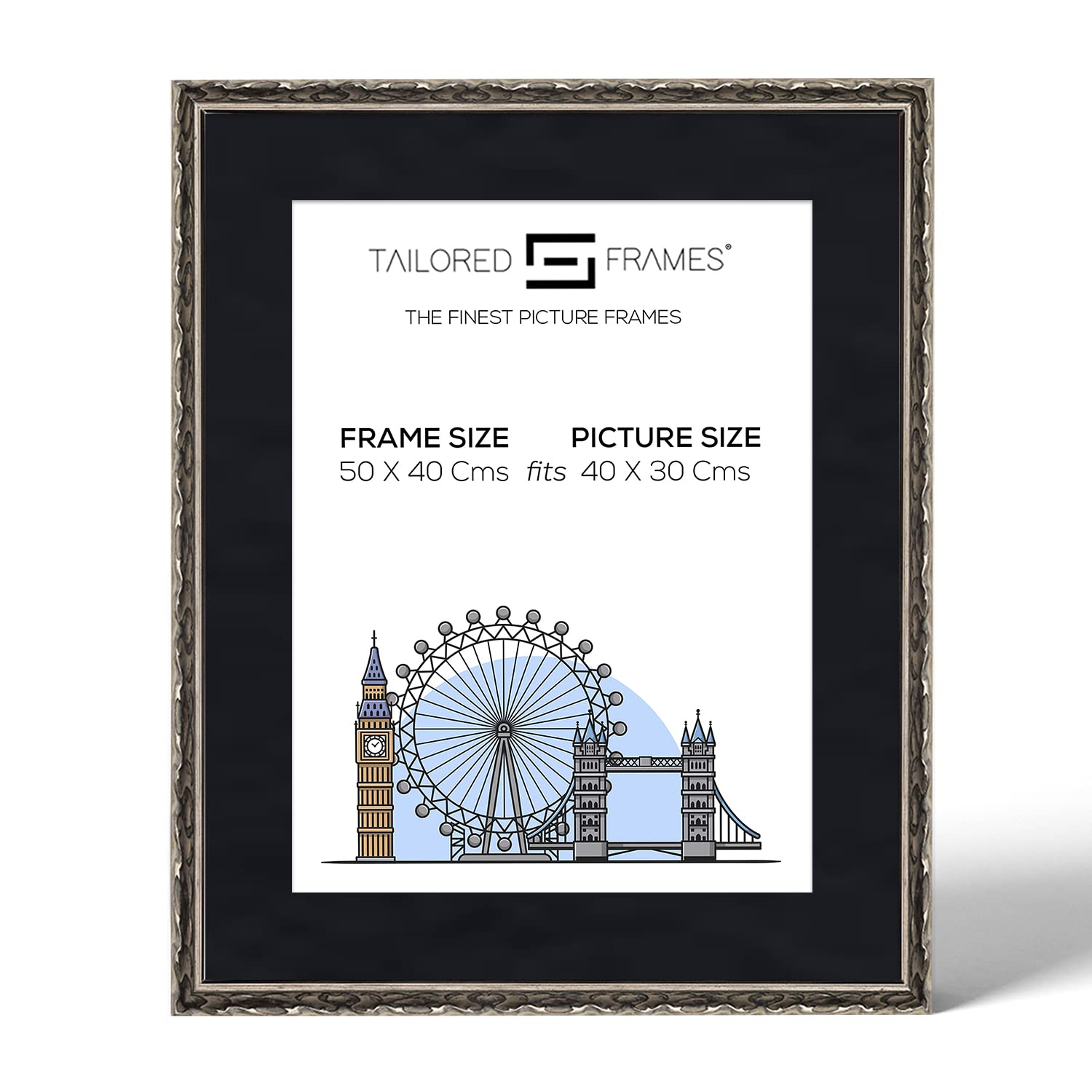 Tailored Frames Vienna Silver 50 X 40 cm Frame for 40 X 30 cm Picture | Rustic Style Vintage Single Picture Frame | Wall Hanging Type | Photo Frame with Black Mount