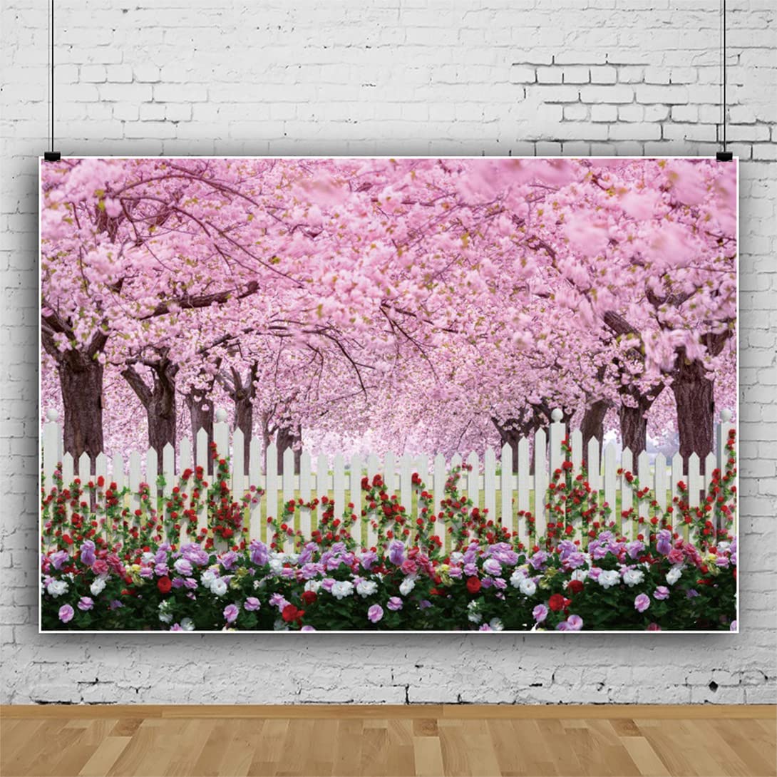 Bovlleetd 5x3ft Cherry Blossoming Tree Backdrop Colorful Flower Photography Background Romantic Garden Peach Blossom Rose Background Girl Birthday Party Decoration Banner for Boudoir Decor