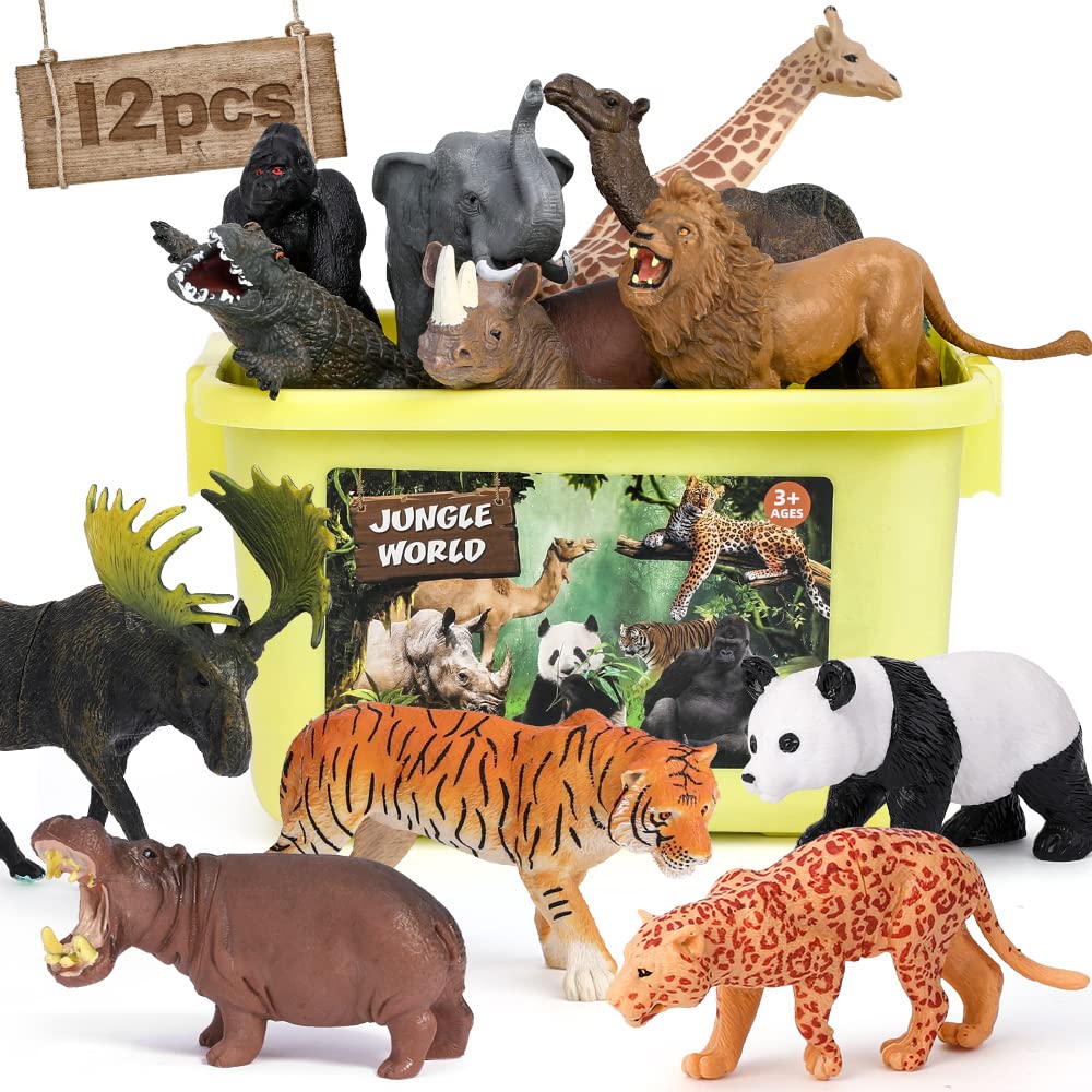 Photo 1 of FRUSE Safari Animals Figures Toys, 12PCS Wild Zoo Figurines, Realistic African Jungle Playset With Panda, Lion, Elephant, Educational Learning Toys for Toddlers Kids 3-5