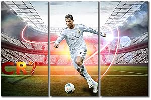 TISHIRON Stadium Mural 3 Pieces Canvas Wall Art Cristiano Ronaldo Paintings Soccer Superstar Poster Canvas Wall Art Print for Bedroom Living Room Office Decorations Framed Ready to Hang 42x28 in