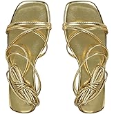 OYOANGLE Women's Lace Up Strappy Flat Sandals Metallic Summer Square Open Toe Sandal Tie Up Shoes