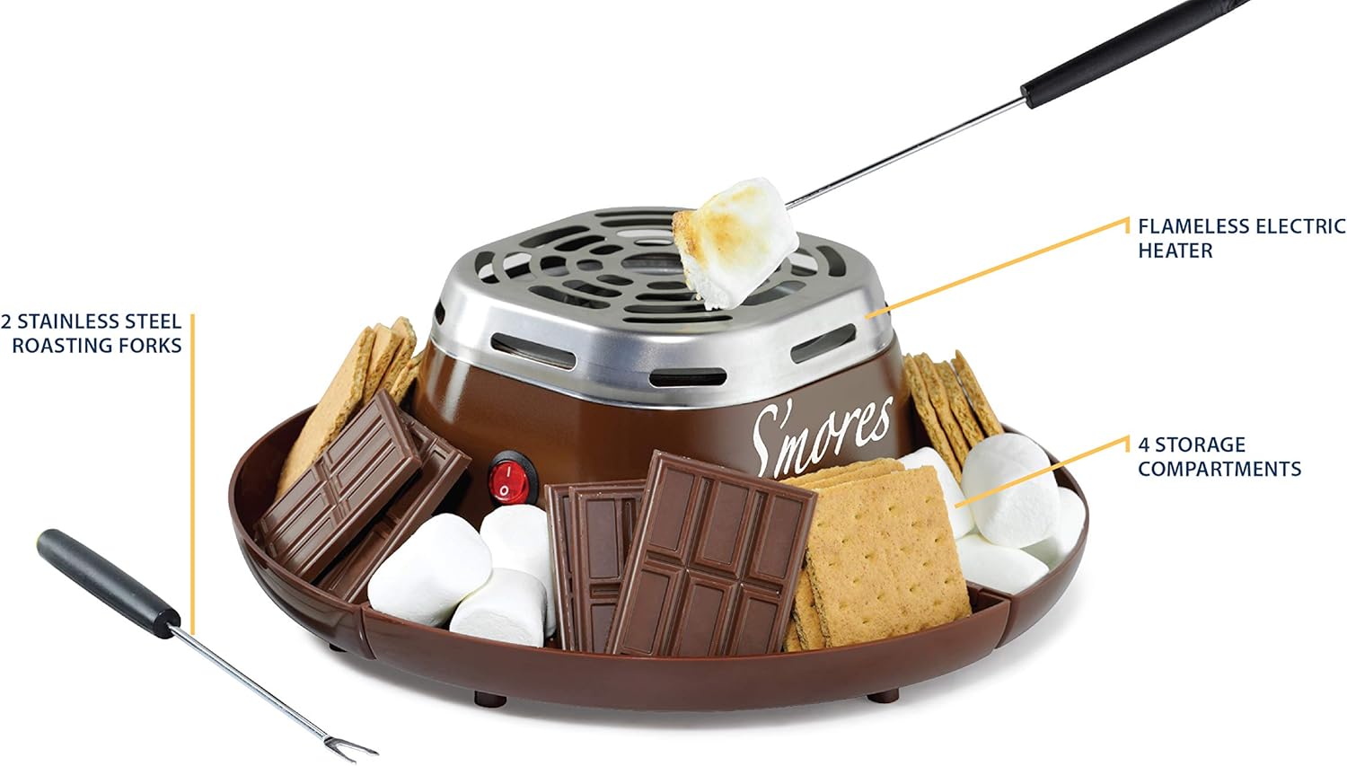 Nostalgia Indoor Electric Stainless Steel S'mores Maker with 4 Compartment Trays for Graham Crackers, Chocolate, Marshmallows and 2 Roasting Forks, Brown: Kitchen & Dining