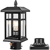 Brilvibera Dusk to Dawn Black Outdoor Post Light Fixture, Pole Lamp with Pier Mount, Waterproof Exterior Lamp Post Lantern fo