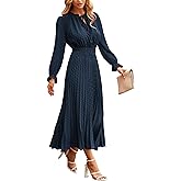 PRETTYGARDEN Women's 2026 Spring Fall Midi Dress Casual Long Sleeve V Neck Swiss Dot Pleated A Line Flowy Dresses