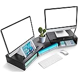 LORYERGO Dual Monitor Stand - [Upgraded] Monitor Riser w/ 2 Slots for Phone & Tablet, Length and Angle Adjustable Monitor Sta