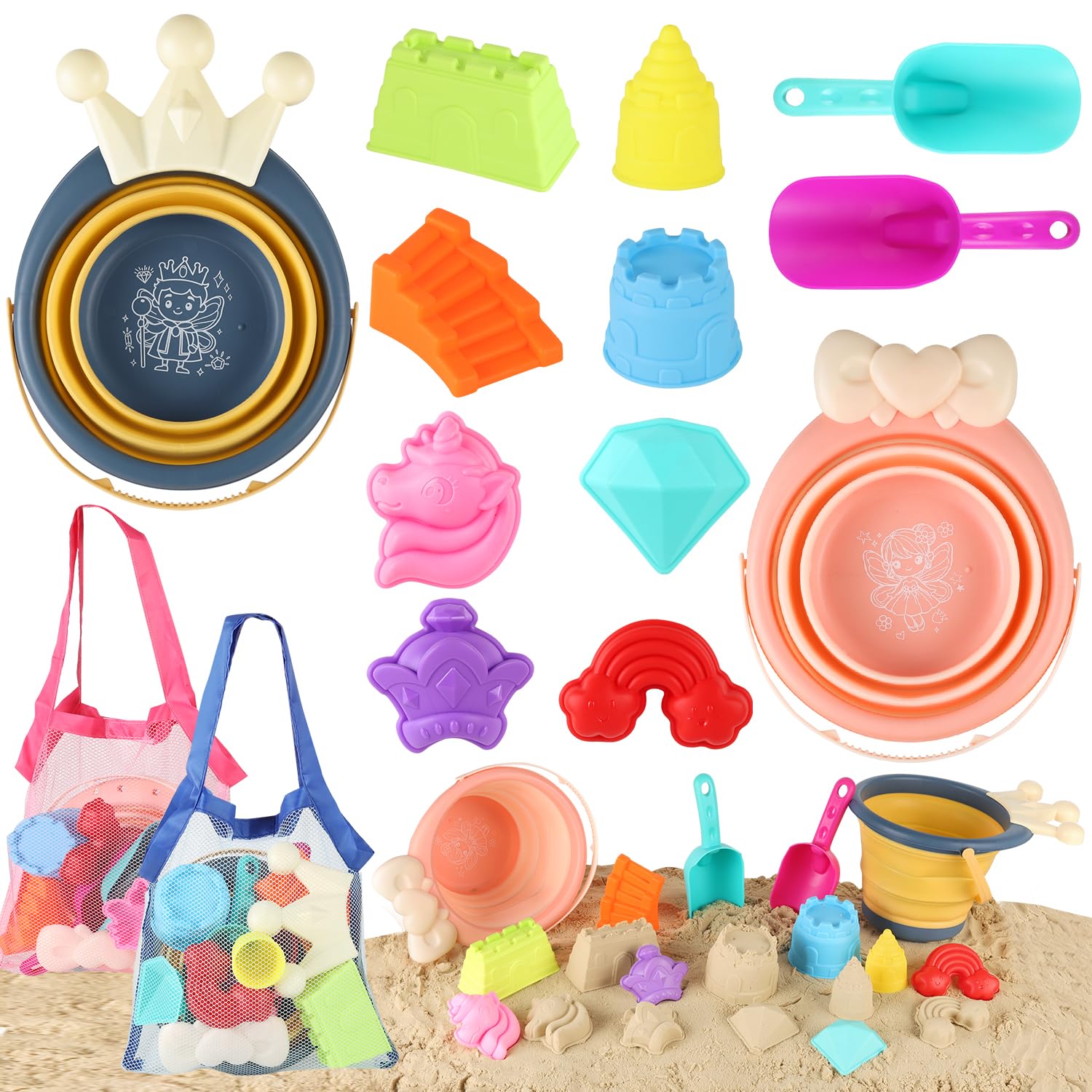 Photo 1 of (missing half of the items) Yrkidstoi Collapsible Sand Buckets and Shovels Set, Beach Sand Toys with 2 Mesh Bags and Sand Molds