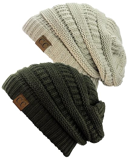 C.C Trendy Warm Chunky Soft Stretch Cable Knit Beanie Skully, 2 Pack Beige/Dark Olive
