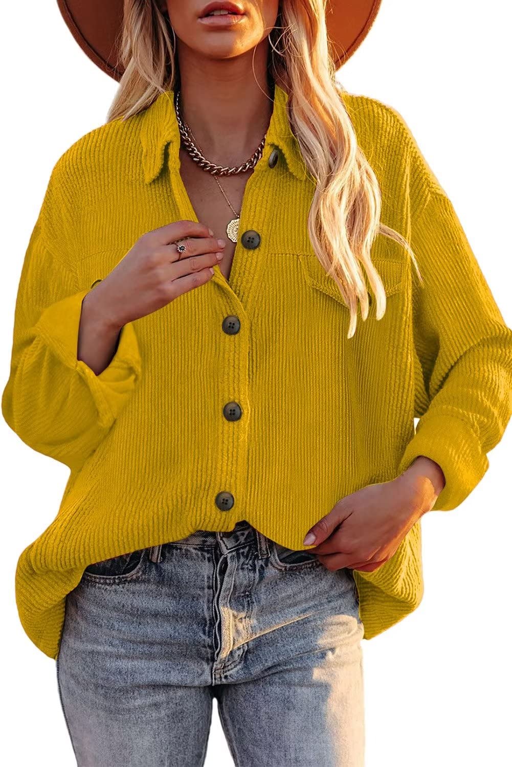 Womens Corduroy Button Down Shacket Casual Long