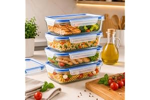 Kit 4 Potes de Vidro Herméticos Retangulares 1040ml com Tampa Antivazamento | Marmitas de Vidro Empilháveis | Freezer, Micro-ondas (Sem Tampa) e Lava-louças | Organização para Cozinha