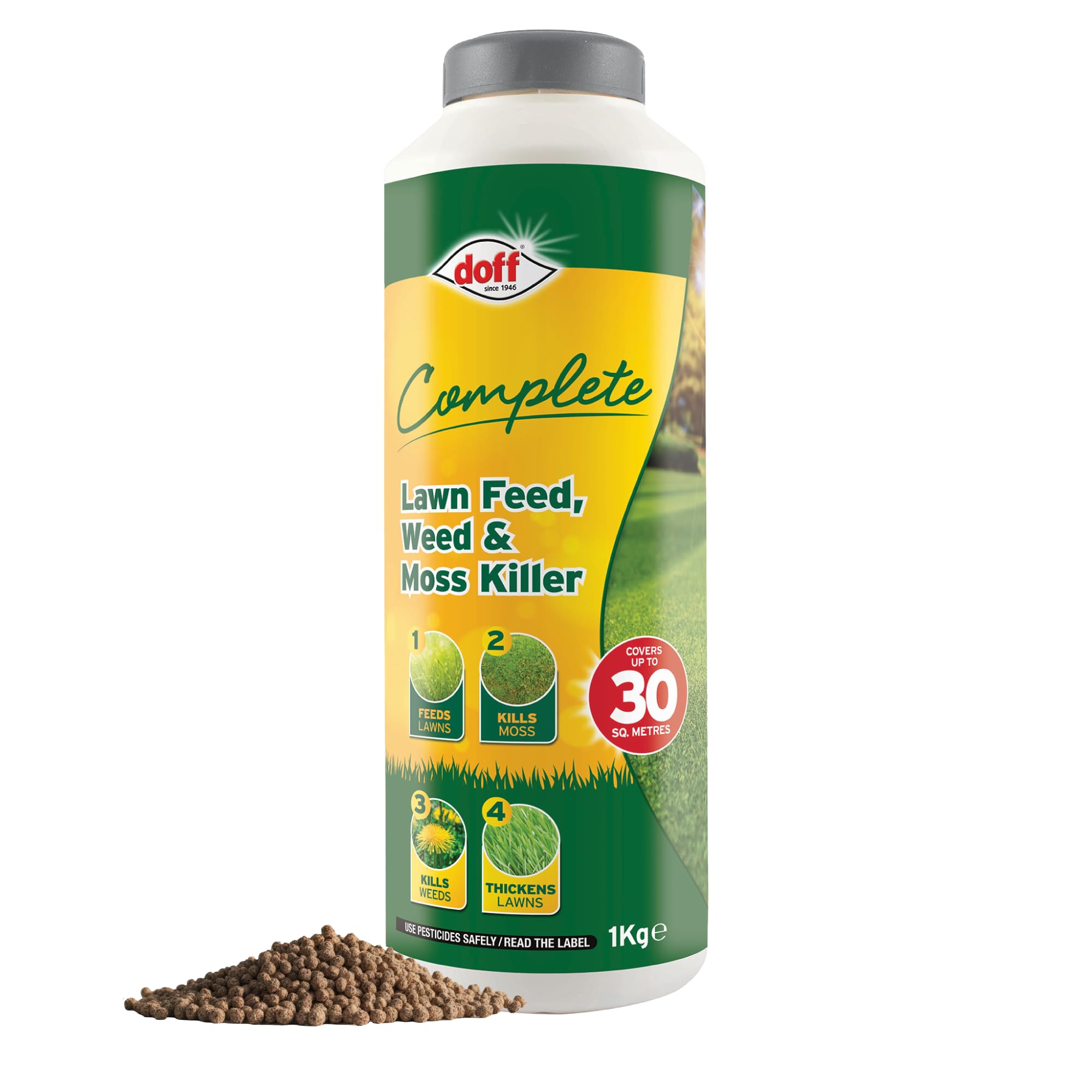 Doff Complete Lawn Feed, Weed & Moss Killer – 1kg Triple-Action Lawn Feed Treatment for Gardens – Condition & Thicken Lawns, Control Weeds & Moss, Promotes Greener Grass Year-Round