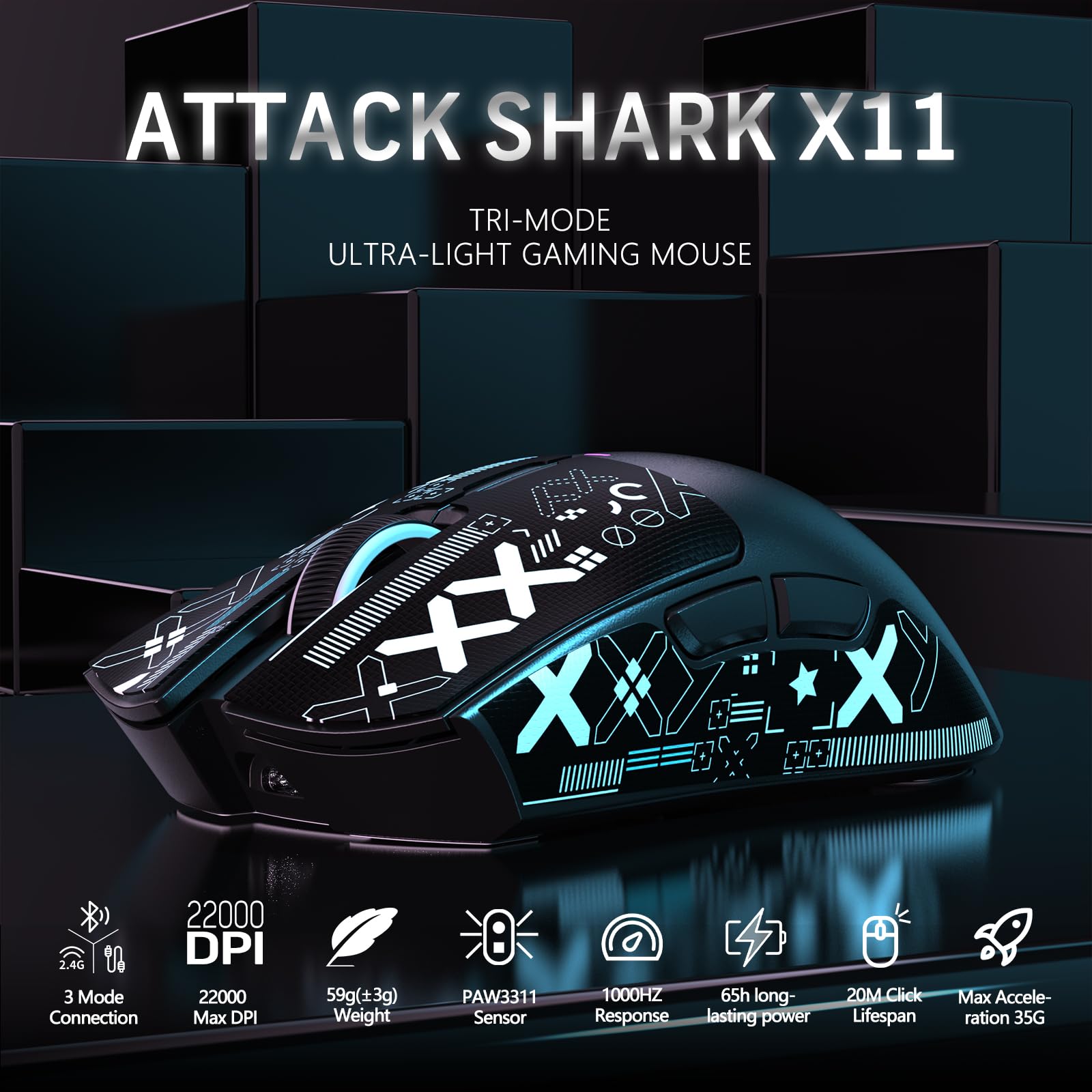 MAGIC-REFINER Attack Shark X11 59g Superlight Wireless Gaming Mouse with Grip Tape, RGB Charging Dock，BT/2.4G Wireless/Wired Pc Mouse, 22000 DPI,5 Programmable Buttons for Pc/Mac(Black)