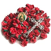Christian Catholic Red Rose Garden Rosary Beads for Women or Men with Our Lady of Guadalupe Centerpiece and Antique Silver Crucifix
