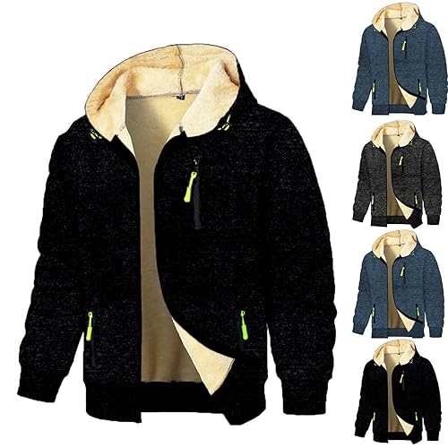 Mens Full Zip Up Hoodie Thick Fleece Jackets Sherpa Lined Warm Hooded Pullover Winter Work Black Hoodie Sweatshirt Long Sleeve Coats Tops with Zipped Pockets XL