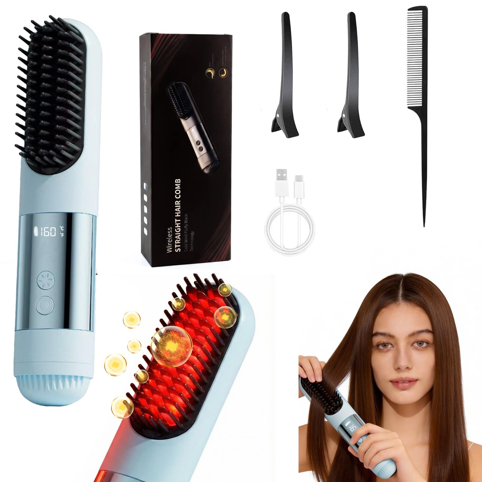 Photo 1 of 2026 New Go Brush Pro - 3 Temps Portable Cordless Hair Straightener Brush for Travel, 30s Fast Heat & Led Digital Display(°C/°F), Cool Air Setting On The Back (Blue)