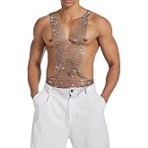 Rave Outfits For Men, Mens Sexy See Through Rhinestone Mesh Top Sparkly Fishnet Shirt, Rave Clothes For Club Party