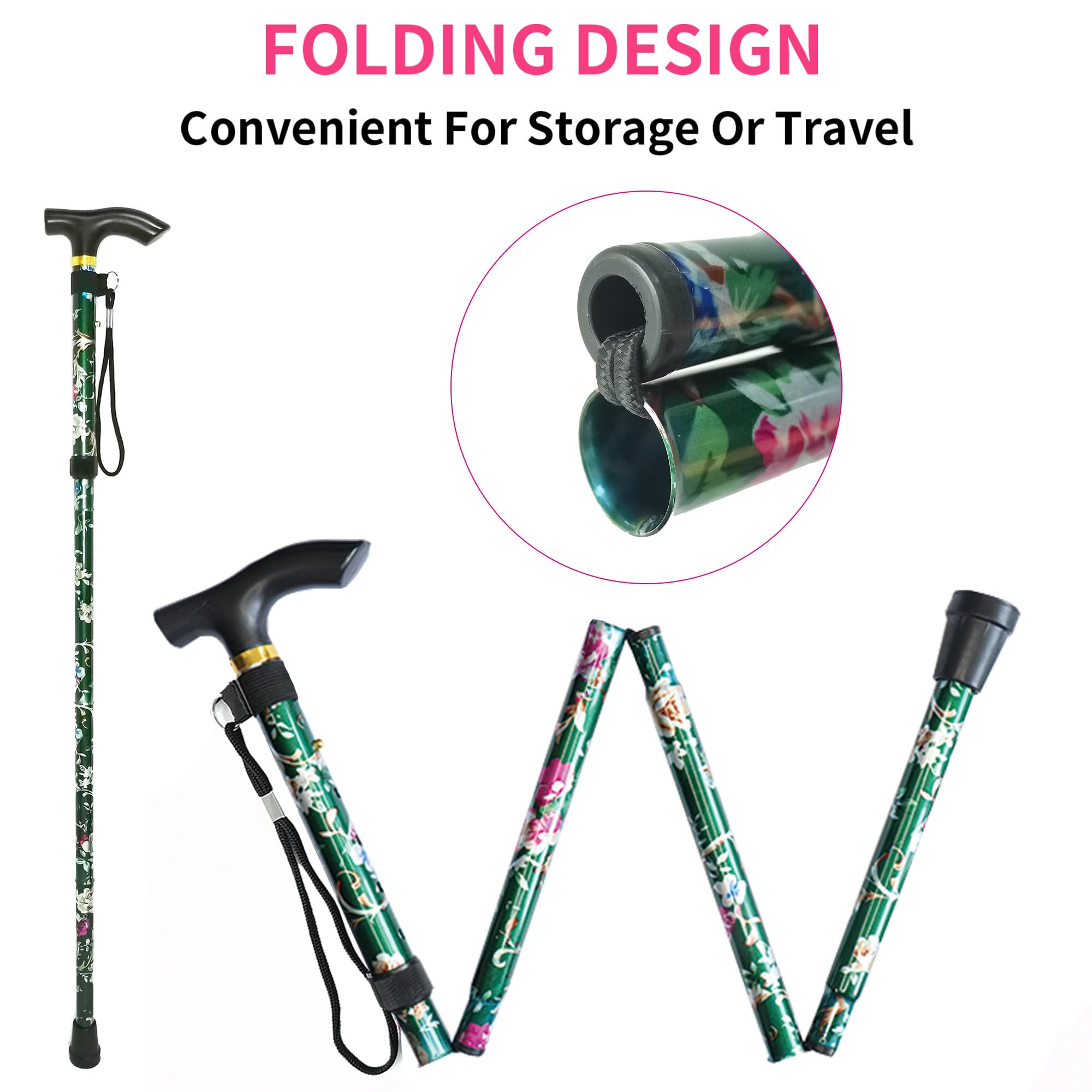 Folding Cane, 5-Level Adjustable Height Lightweight Portable Foldable Walking Canes with Wrist Strap and T Handle for Men Women Seniors