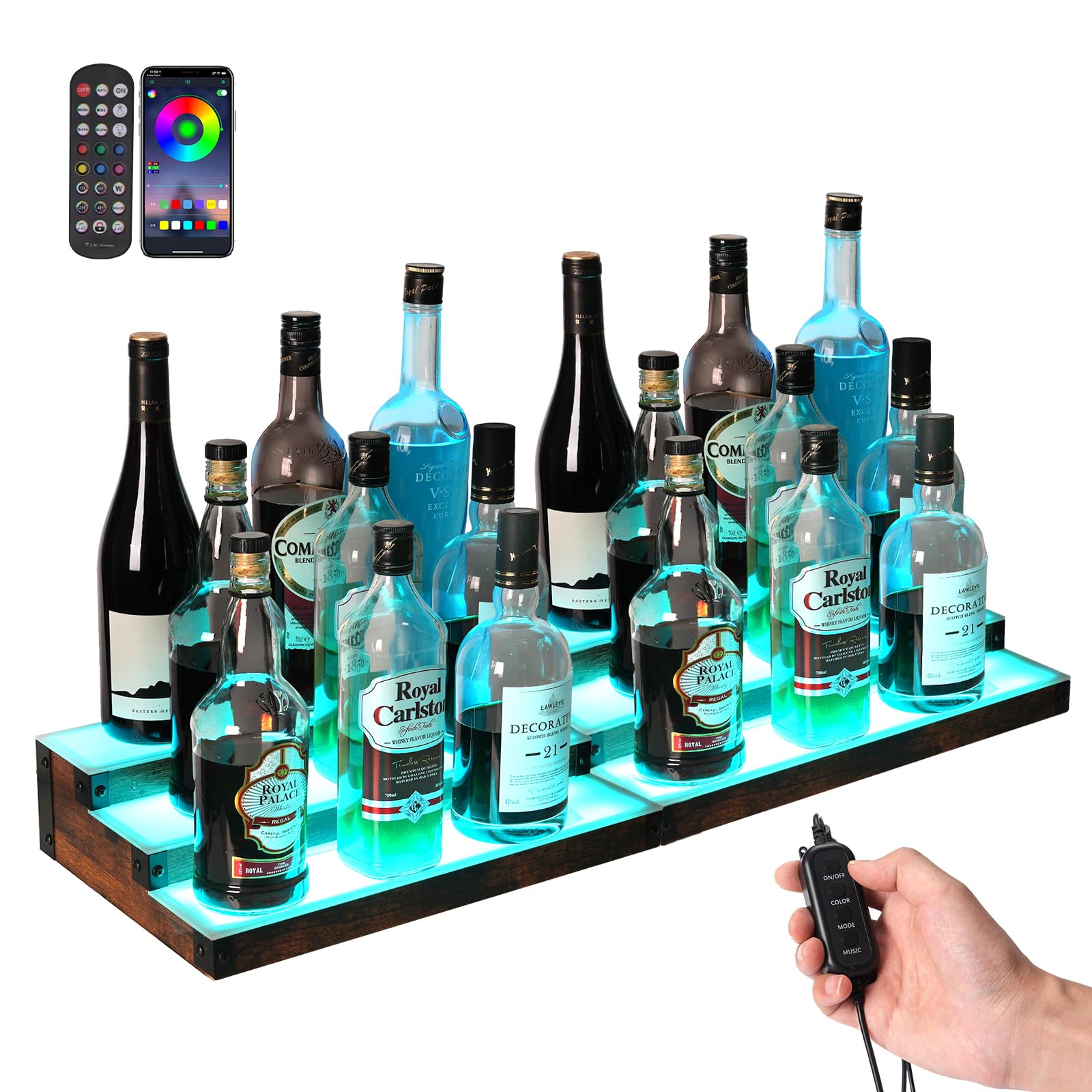 Photo 1 of 2-Pack 16‘’ LED Lighted Liquor Display, 3-Tier 30Inch Total Bar Shelves for Liquor Bottle, Illuminated Home Bar Shelf with RF & App Control, 7 Colors, Music Sync& 1-4H Timming, Light-Up Whiskey Rack